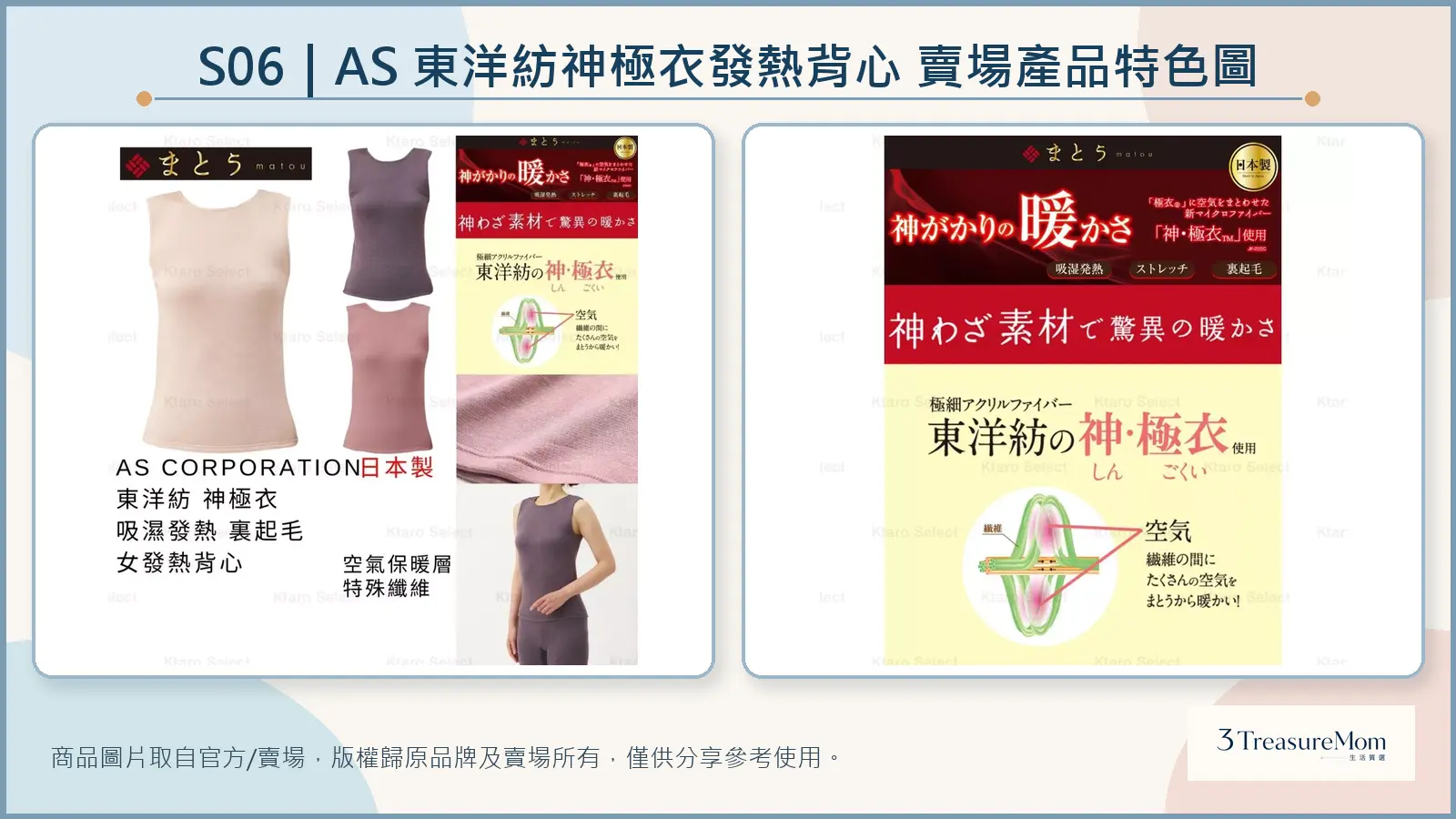 AS東洋紡神極衣發熱背心官方賣場產品特色圖，整理日本製吸濕發熱與纖維特色