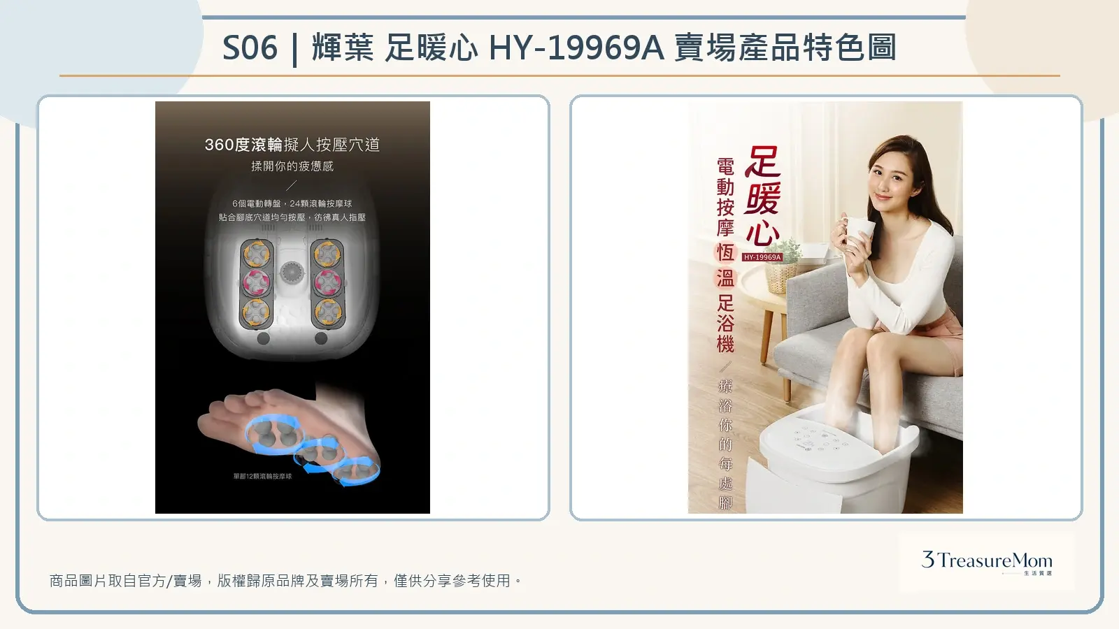 輝葉 足暖心 HY-19969A 賣場產品特色圖，整理電動轉盤按摩與實際使用情境
