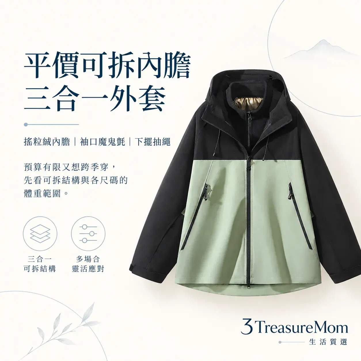 ZenPolo 三合一極簡單品圖，主打搖粒絨內膽、袖口魔鬼氈、下擺抽繩