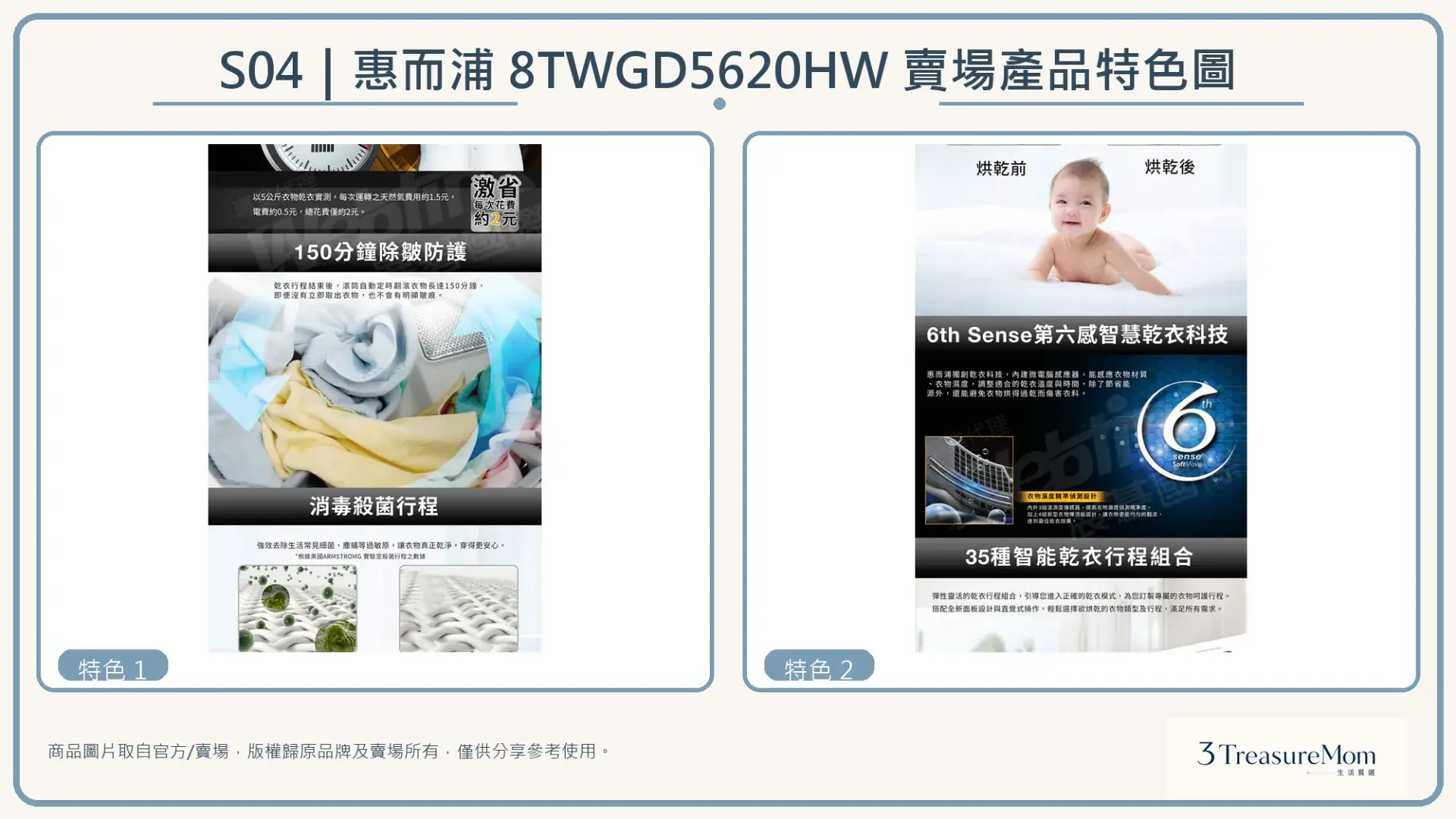 惠而浦Whirlpool 8TWGD5620HW瓦斯乾衣機賣場產品特色圖，整理官方與賣場提供的功能特色圖片