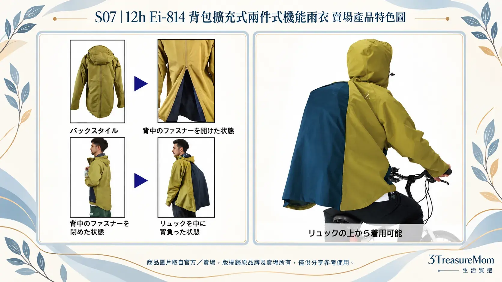 12h Ei-814 背包擴充式兩件式機能雨衣賣場產品特色圖，展示背包擴充與騎乘防雨