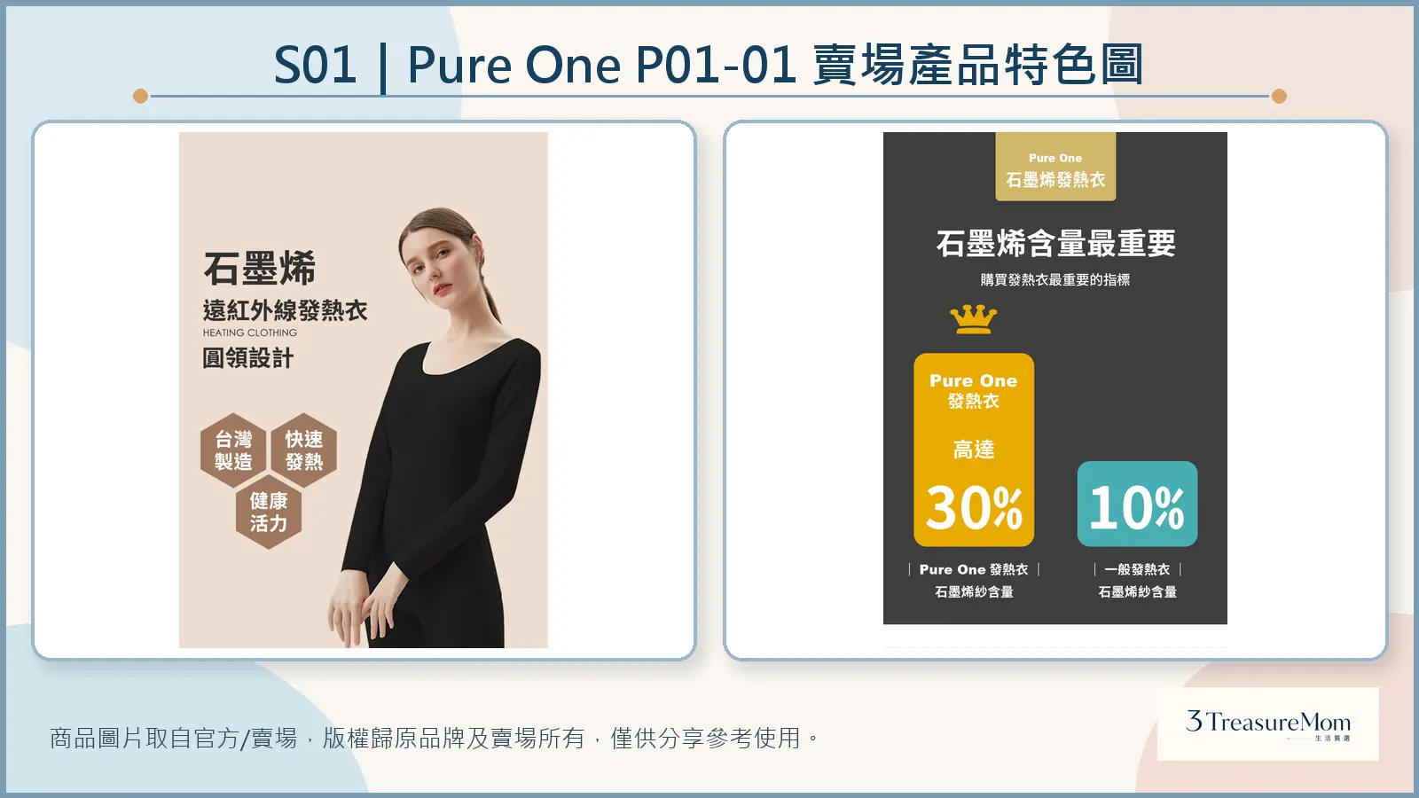Pure One發熱衣官方賣場產品特色圖，整理版型與石墨烯紗線訴求
