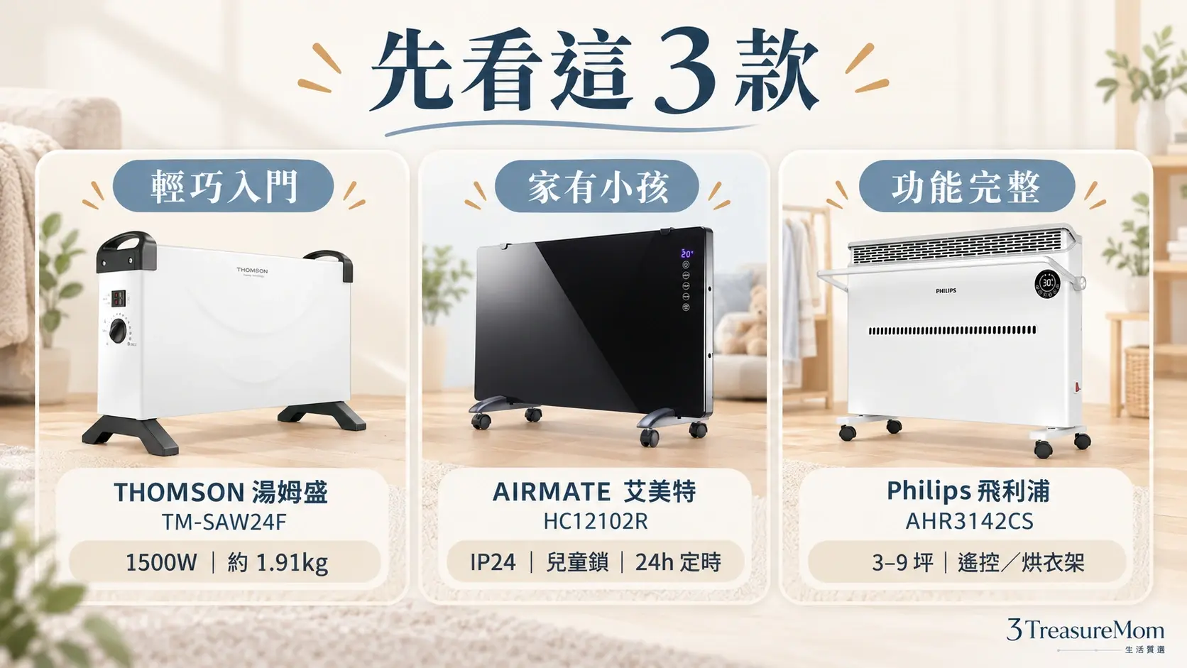 對流式電暖器推薦3款精選懶人包，包含輕巧入門、兒童安全與功能完整機型