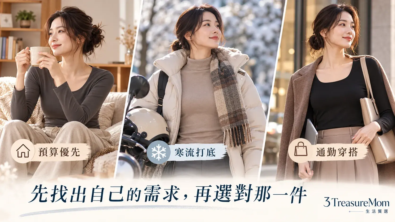 女生發熱衣三種需求選款情境圖，整理預算優先、寒流打底與通勤低領穿搭