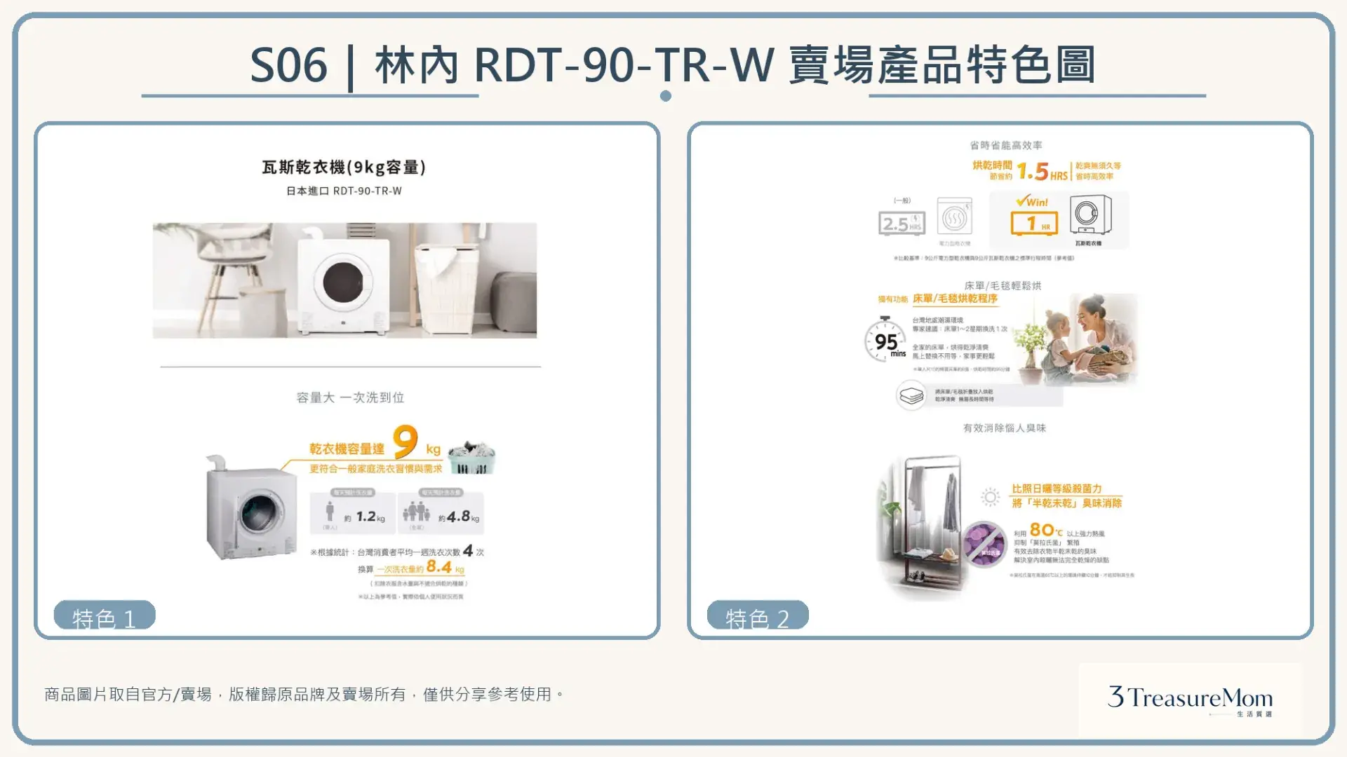 林內Rinnai RDT-90-TR-W瓦斯乾衣機賣場產品特色圖，整理官方與賣場提供的功能特色圖片
