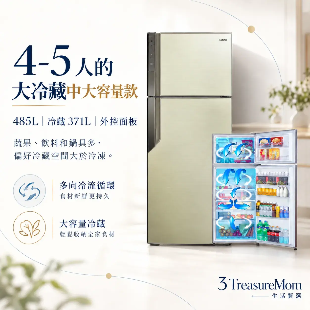 禾聯 HRE-B4823V極簡單品圖，主打485L、冷藏 371L、外控面板
