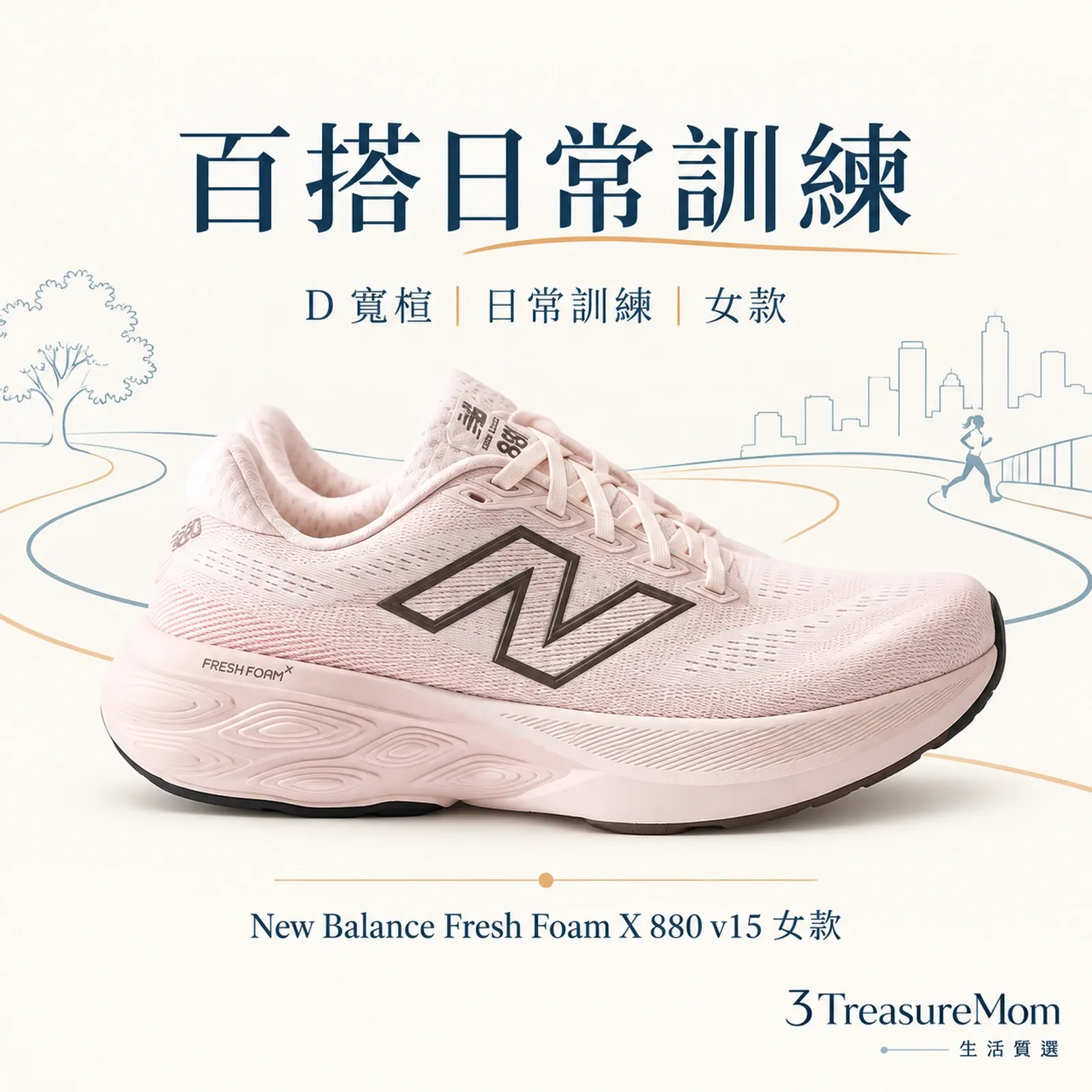 New Balance Fresh Foam X 880 v15 女款 D 寬楦單品圖，適合日常訓練，重點為D 寬楦、日常訓練、女款