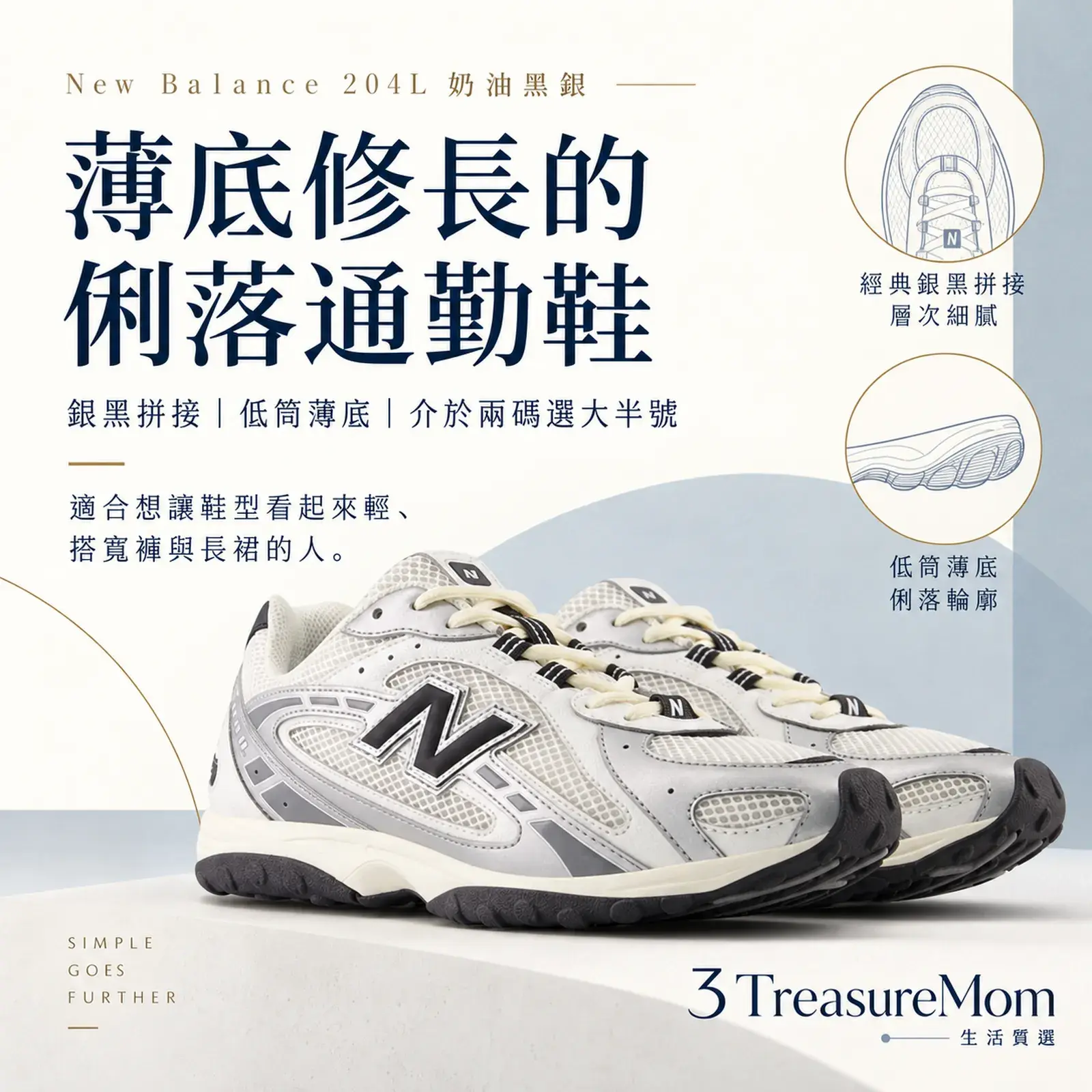New Balance 204L 奶油黑銀 單品介紹圖，重點為薄底修長、版型偏小、平路通勤與俐落穿搭