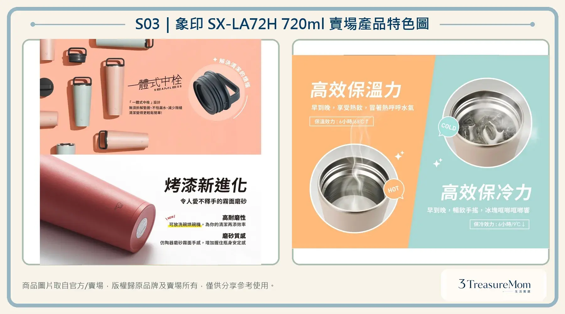 象印SX-LA72H 720ml保溫杯賣場特色圖，整理一體式中栓、耐磨表面與保溫保冷效力