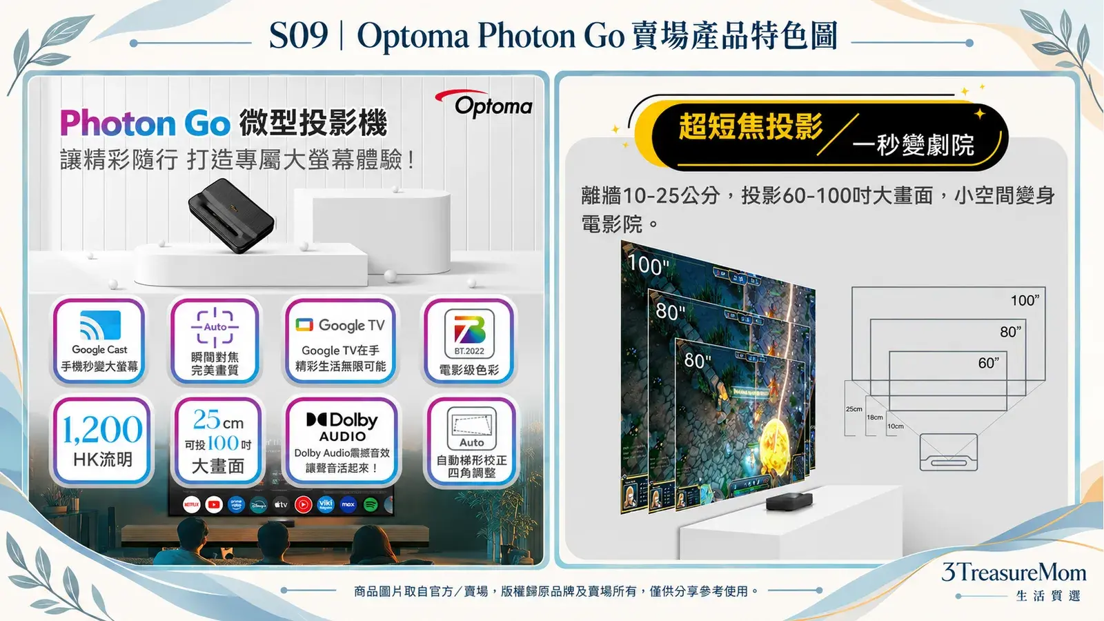 Optoma Photon Go 賣場產品特色圖，整理官方與賣場核心特色及超短焦投影資訊，僅供分享參考
