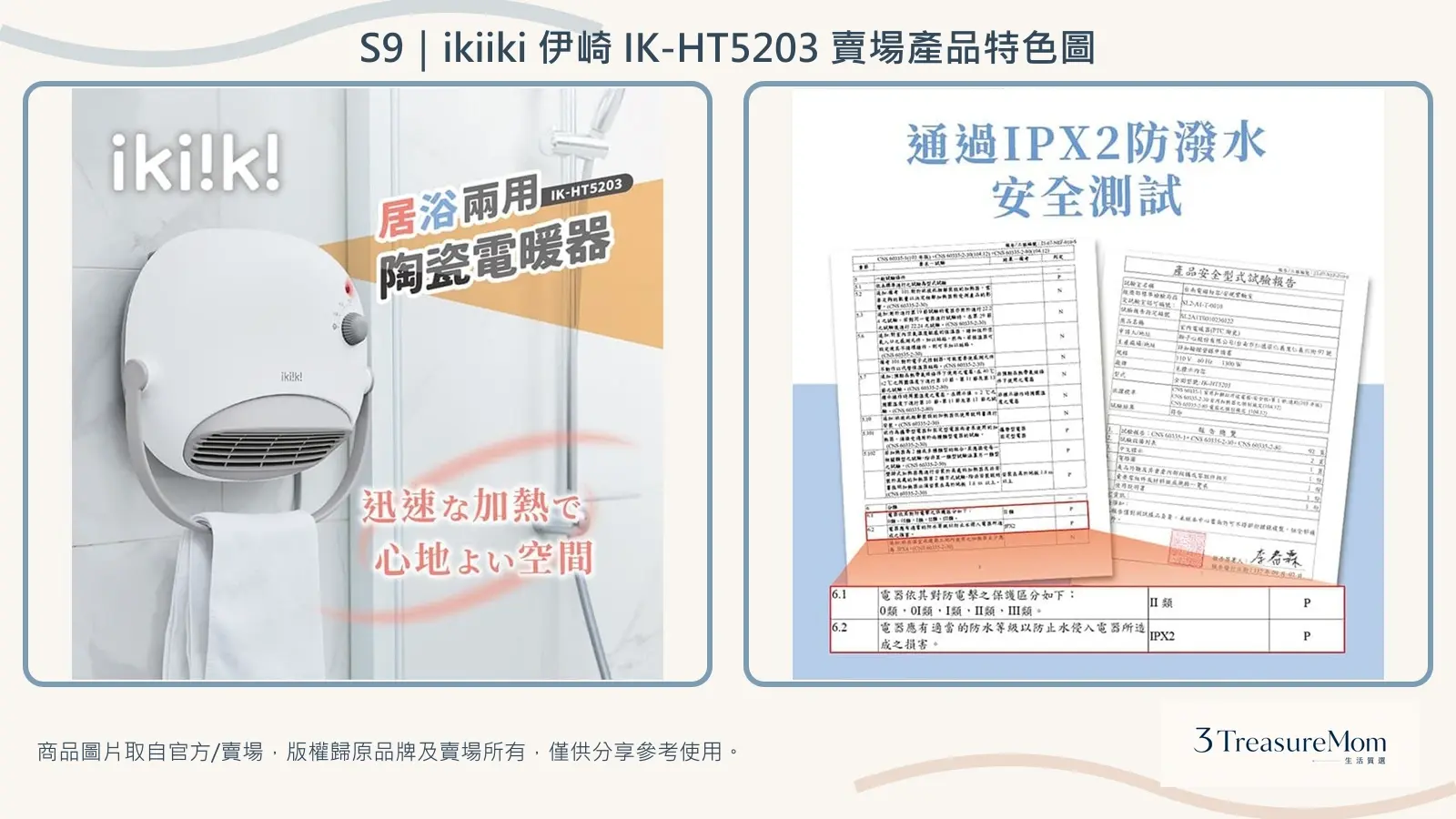 ikiiki伊崎IK-HT5203賣場產品特色圖，彙整居浴兩用外觀與IPX2防潑水安全測試