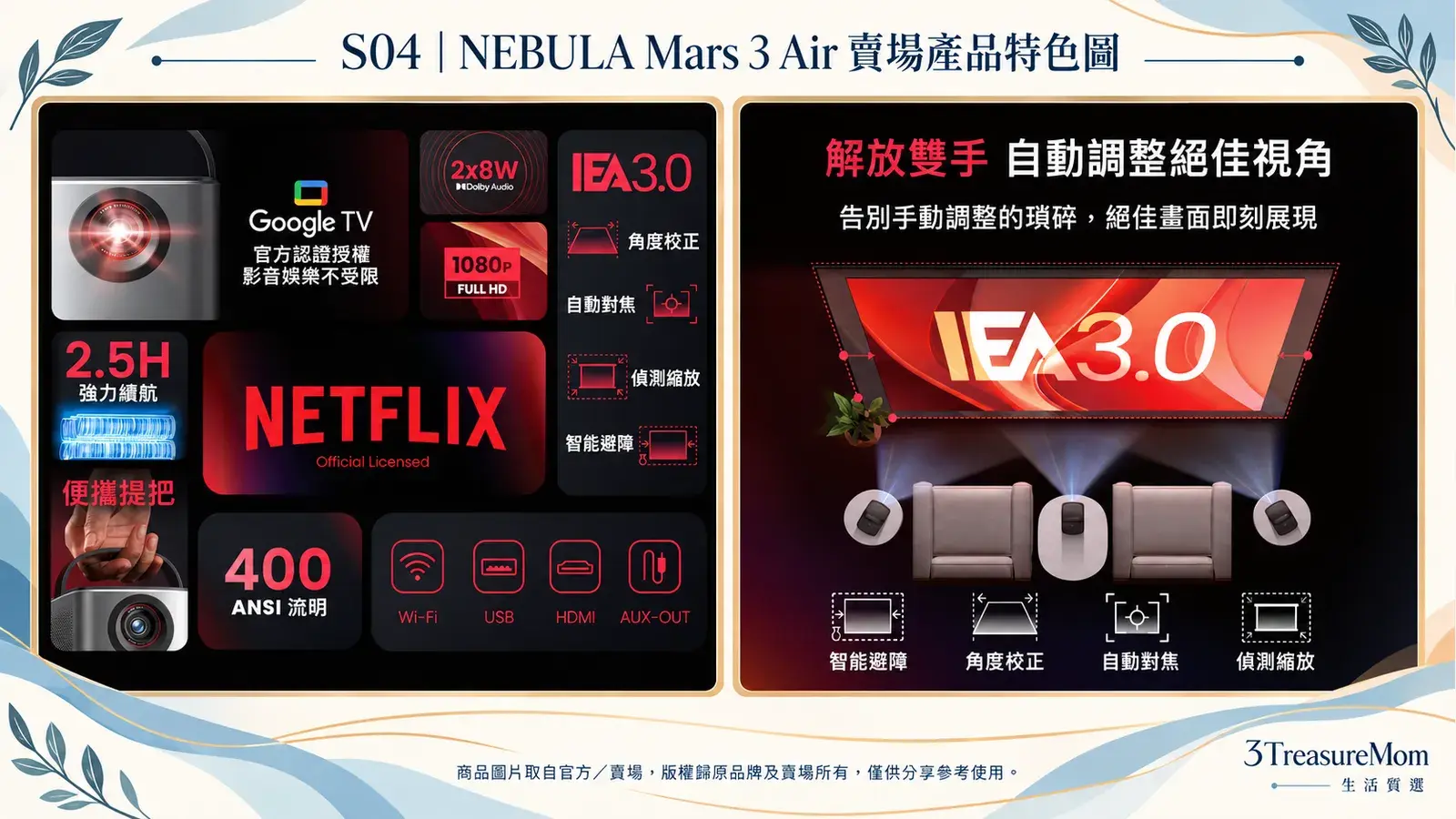 NEBULA Mars 3 Air 賣場產品特色圖，整理官方與賣場核心特色及智慧調整功能，僅供分享參考
