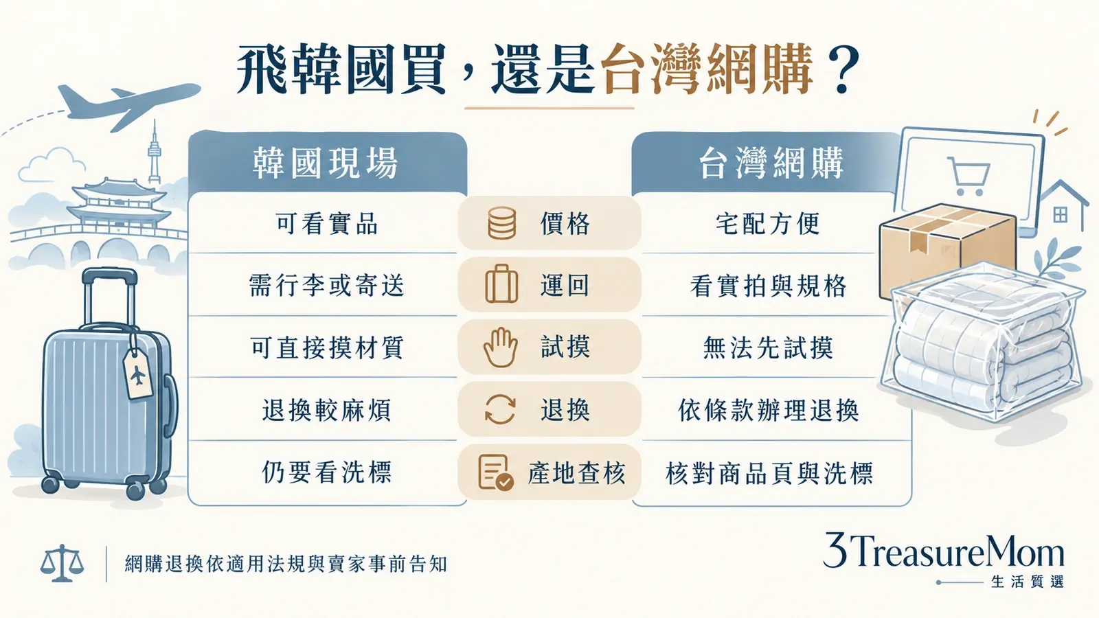 韓國棉被韓國現場買與台灣網購比較圖，整理價格、運回方式、試摸、退換與產地查核