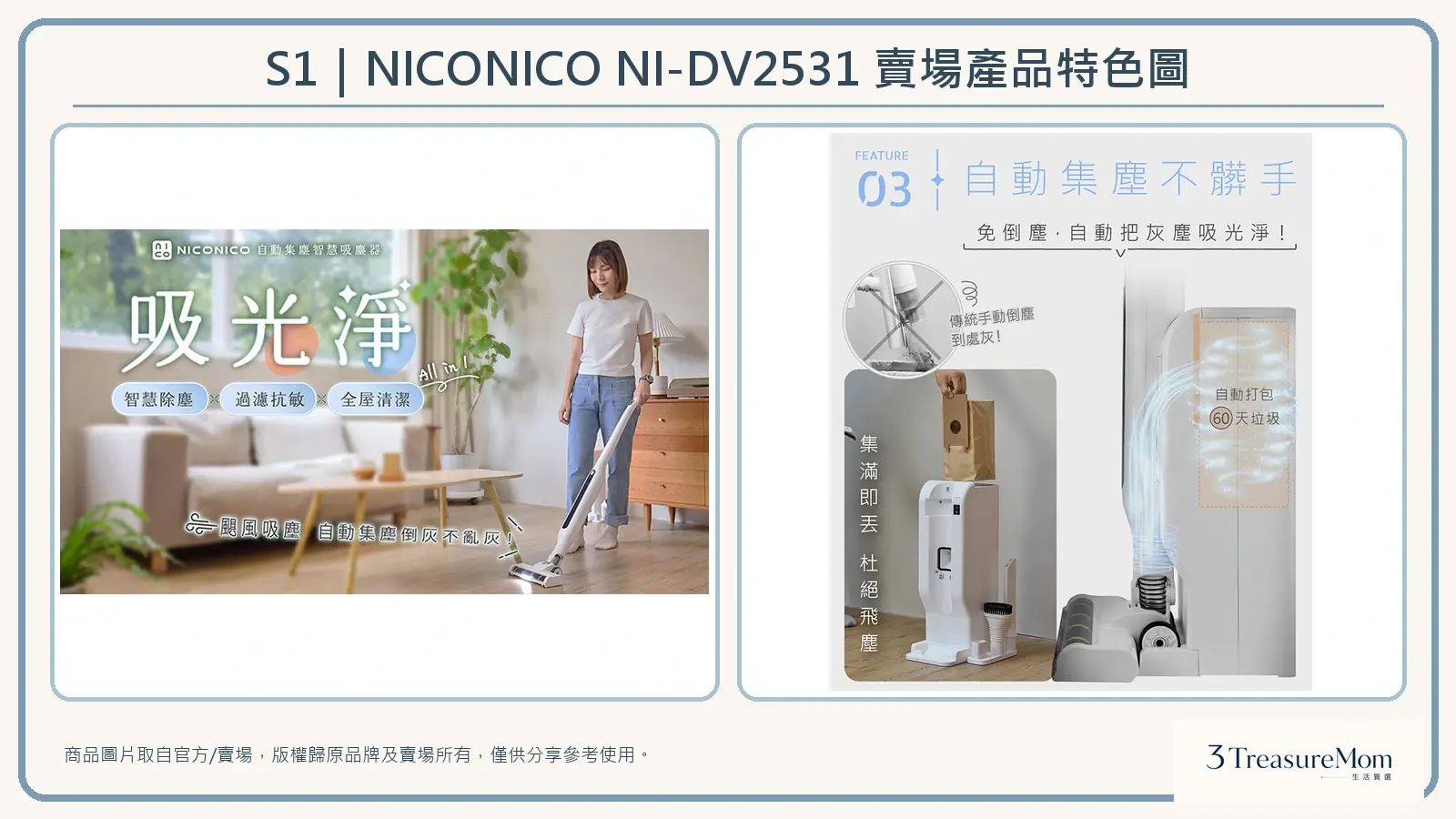 NICONICO NI-DV2531賣場產品特色圖，整理產品定位、使用情境與自動集塵特色