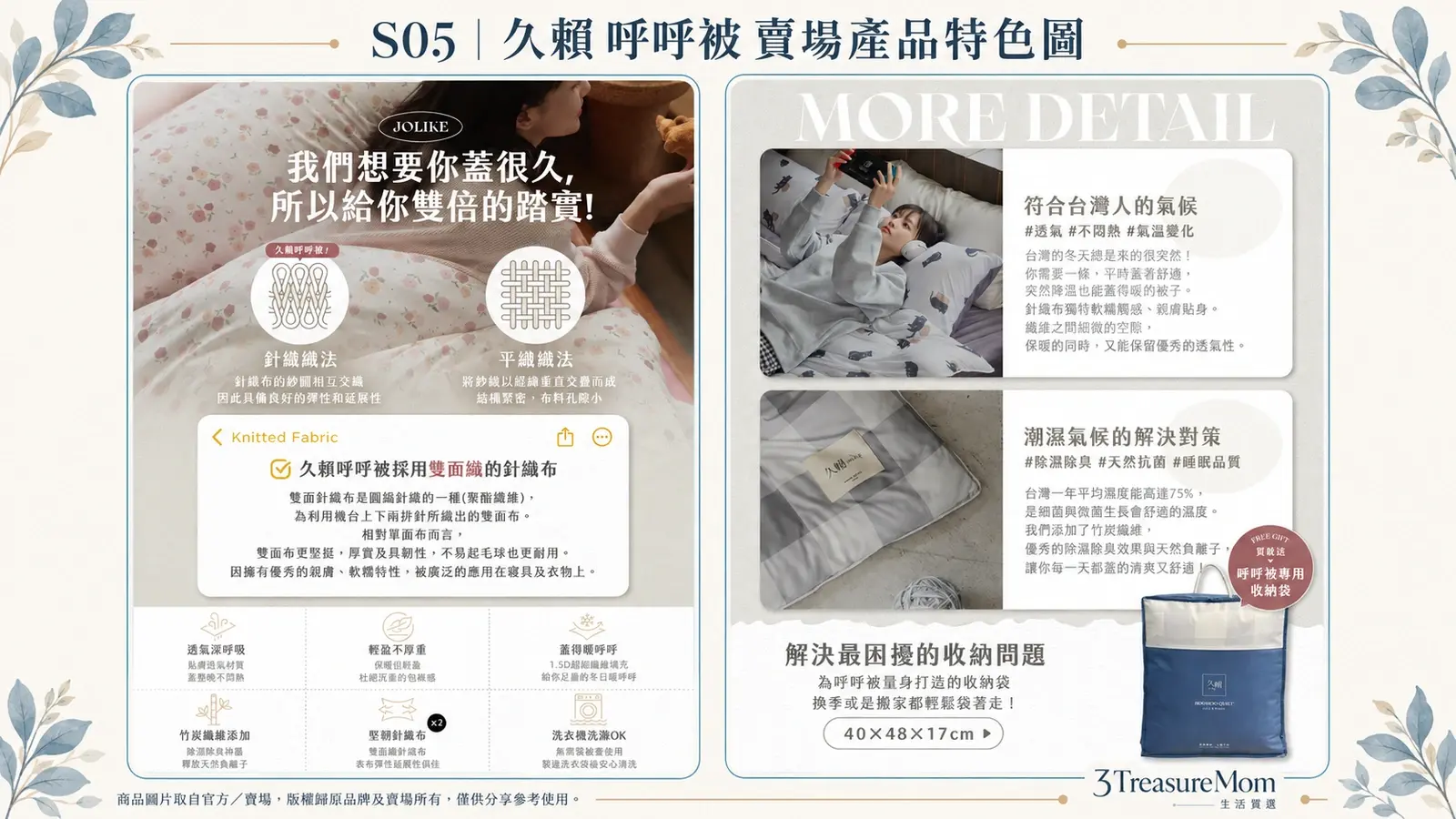 久賴 呼呼被賣場產品特色圖，整理雙面針織、透氣除濕與收納特色